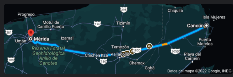 What is the distance from Merida to Cancun