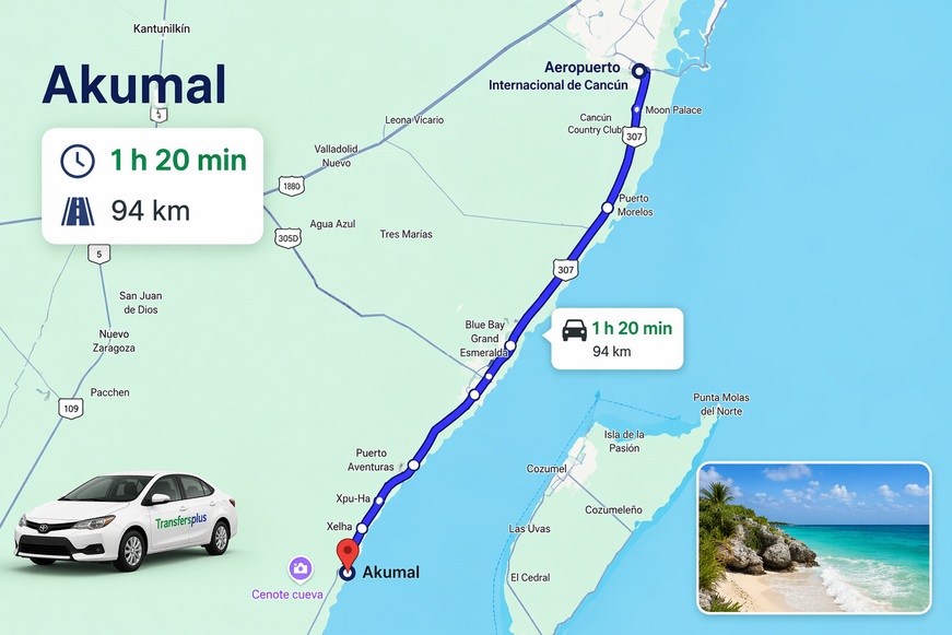 Route map from Cancun Airport to Akumal for private transfers