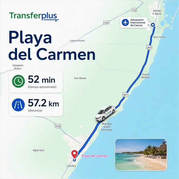 Map showing the direct route from Cancun Airport to Playa del Carmen