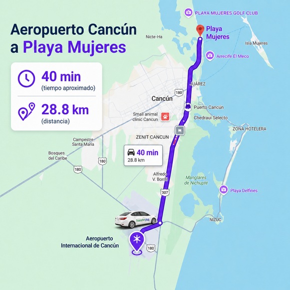 Map showing the direct route from Cancun Airport to Playa Mujeres