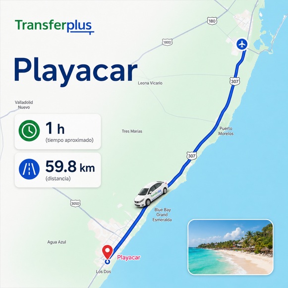 Mapa mostrando a rota direta do Aeroporto de Cancún para Puerto Morelos