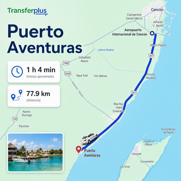 Map showing the route from Cancun Airport to Puerto Aventuras