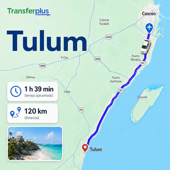 Map showing the route from Cancun Airport to Playa Paraiso