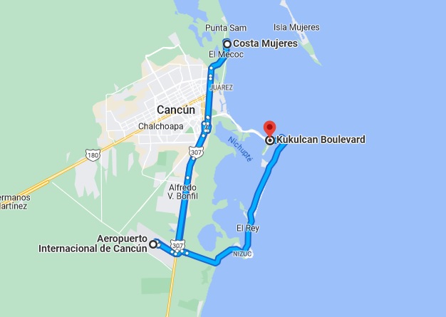 How far is Costa Mujeres from Cancun Airport