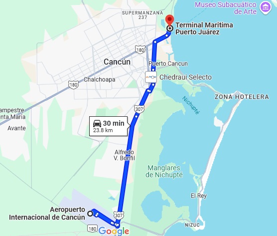 Distance from Cancun Airport to Isla Mujeres Ferry