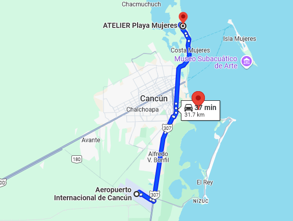 Distance from Cancun airport to Playa Mujeres