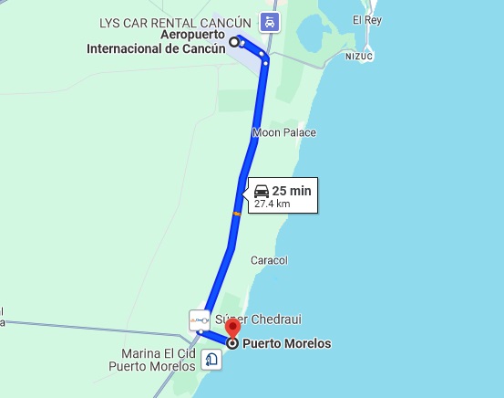 distance cancun airport to puerto morelos