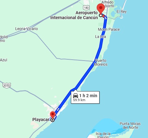 distance from Cancun Airport to Playacar is 59.9 km