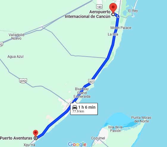 distance from Cancun Airport to Puerto Aventuras is 77.9 km